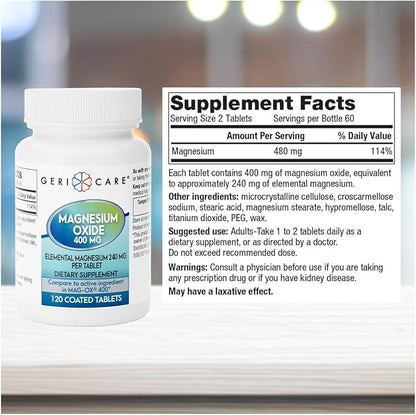 GeriCare Magnesium Oxide Supplement 240 mg - Elemental Magnesium, 120 Coated Tablets – Essential Mineral Support - Promotes Vascular Health, Bone Strength, and Muscle Function (Pack of 1)