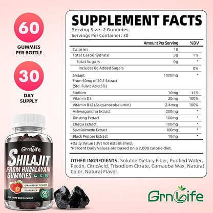 2PCS Pure Himalayan Shilajit Gummies for Men & Women, 1000MG Shilajit Supplement with 85+ Trace Minerals & Fulvic Acid for Energy, Immunity, Sugar-Free, Strawberry-120 Count
