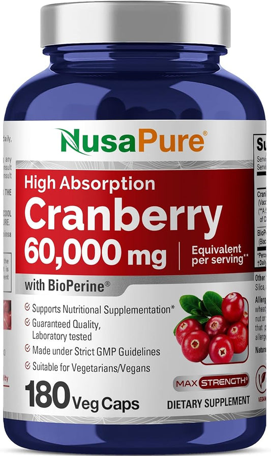 NusaPure Cranberry 60,000 mg 180 Veg Caps (Bioperine, Non-GMO, Vegan)