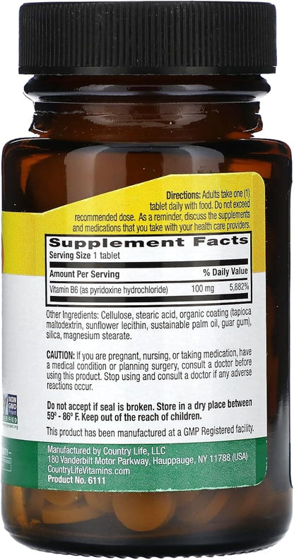 Country Life Vitamin B-6, Supports Energy and The Nervous System, 100mg, 100 Vegan Capsules, Certified Gluten Free, Certified Vegan, Certified Halal, Non-GMO Verified…