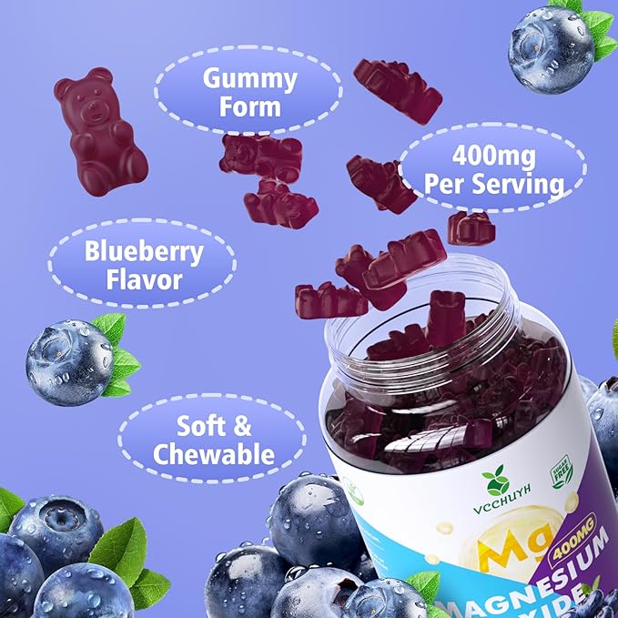 Magnesium Oxide Gummies 400mg, Sugar Free Magnesium Oxide Supplement for Adults & Kids, Muscle Support & Energy Boost, Non GMO, Blueberry Flavor 120 Count