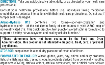 XYMOGEN Adeno+Hydroxo B12 - Non-Methylated (2,500mcg) - Quick-Dissolve B12 Lozenges with Adenosylcobalamin B12 + Hydroxocobalamin - Cognitive Support, Fruit Punch Flavor (60 Tablets)