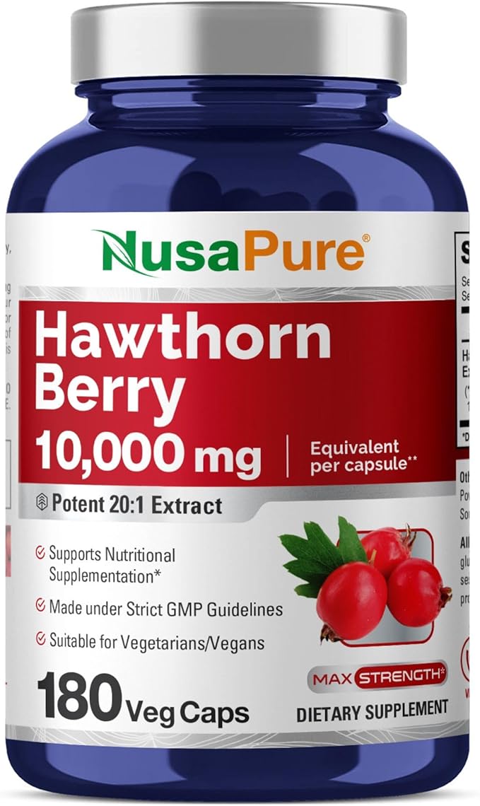 NusaPure Hawthorn Berry 10,000mg per Veggie Caps, 180 Count, Extract 20:1, Vegan, Non-GMO