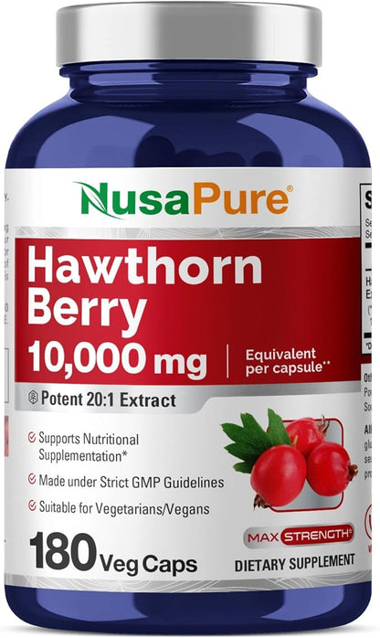 NusaPure Hawthorn Berry 10,000mg per Veggie Caps, 180 Count, Extract 20:1, Vegan, Non-GMO
