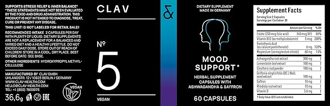 CLAV Mood Support Supplement - with Ashwagandha + Saffron Extract + 5-HTP Griffonia + Siberian Ginseng + Rhodiola rosea - 60 Capsules