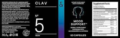 CLAV Mood Support Supplement - with Ashwagandha + Saffron Extract + 5-HTP Griffonia + Siberian Ginseng + Rhodiola rosea - 60 Capsules