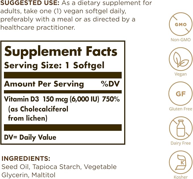 Solgar Vegan Vitamin D3 (Cholecalciferol) 150 mcg (6,000 IU) - 100 Softgels - Immune Support, Helps Maintain Healthy Bones & Teeth - Non-GMO, Certified Vegan, Gluten & Dairy Free - 100 Servings