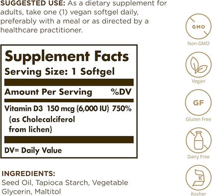 Solgar Vegan Vitamin D3 (Cholecalciferol) 150 mcg (6,000 IU) - 100 Softgels - Immune Support, Helps Maintain Healthy Bones & Teeth - Non-GMO, Certified Vegan, Gluten & Dairy Free - 100 Servings