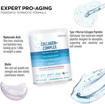 Marine Collagen Supplement Powder - Type I Hydrolyzed Marine Collagen Peptides, Protein, Biotin, Hyaluronic Acid, Vitamin C, Vital Antioxidants, Skin Supplements for Women - Pomegranate 9.7oz