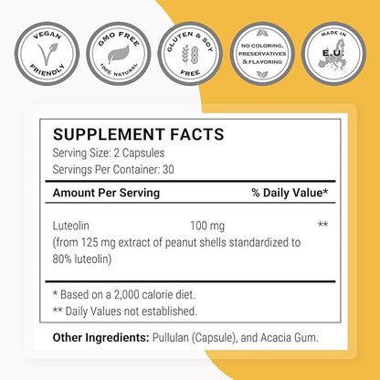Supersmart - Luteolin 100mg per Day (80% Flavonoid) - Brain, Memory & Nervous System Support Supplement | Non-GMO & Gluten Free - 60 Vegetarian Capsules