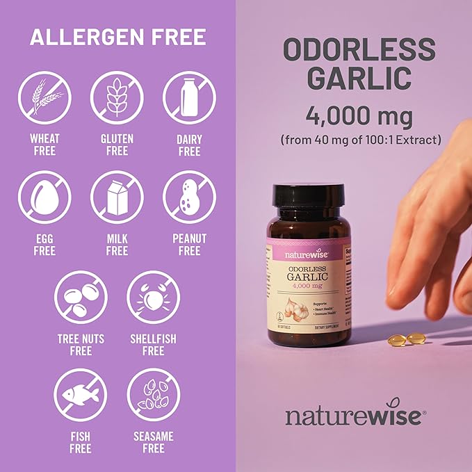 NatureWise Odorless Garlic Supplement 4000mg - Ultra Potent 100:1 Extract - Healthy Cholesterol Formula, Heart Health Support - Non-GMO, Gluten Free, with Halal Gelatin - 60 Count[30-Day Supply]