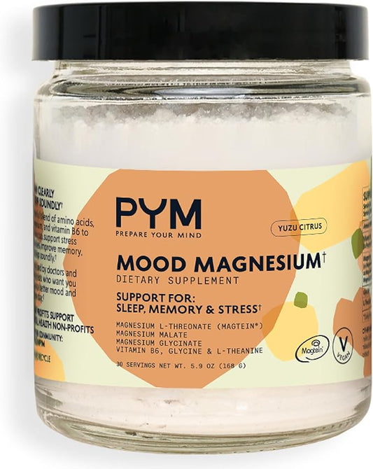 PYM Mood Magnesium Powder (30-Servings) Magnesium Glycinate, L-Threonate & Malate Powder | Aid & Mood Support Supplement for Stress
