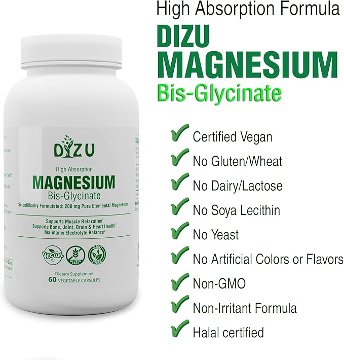Dizu - Magnesium Bisglycinate 200 mg, Pure Elemental Chelated Complex, Supports Sleep, Muscle, Bone, Heart & Energy Metabolism, with Glycine & Oxide, Vegetable Capsules