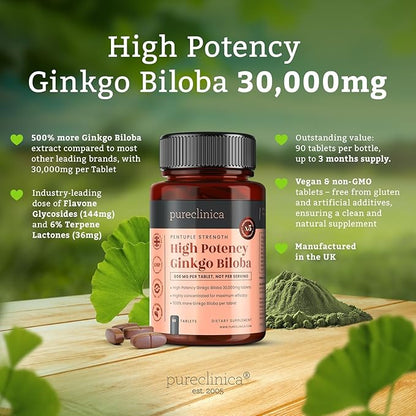 pureclinica High Potency Ginkgo Biloba 30,000mg x 90 Tablets - 3 Months Supply - 5 Times The Strength of Competitor Products
