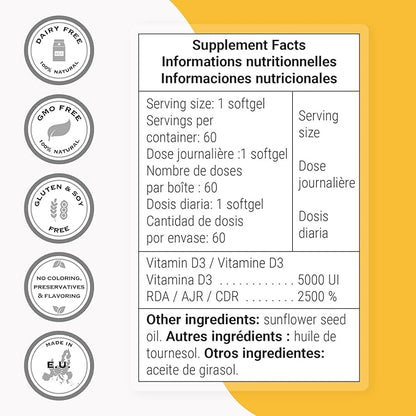 Supersmart - Vitamin D3 5000 IU per Day (125mcg) - High Potency & Bioavailability - with Sunflower Oil | Non-GMO & Gluten Free - 60 Softgels