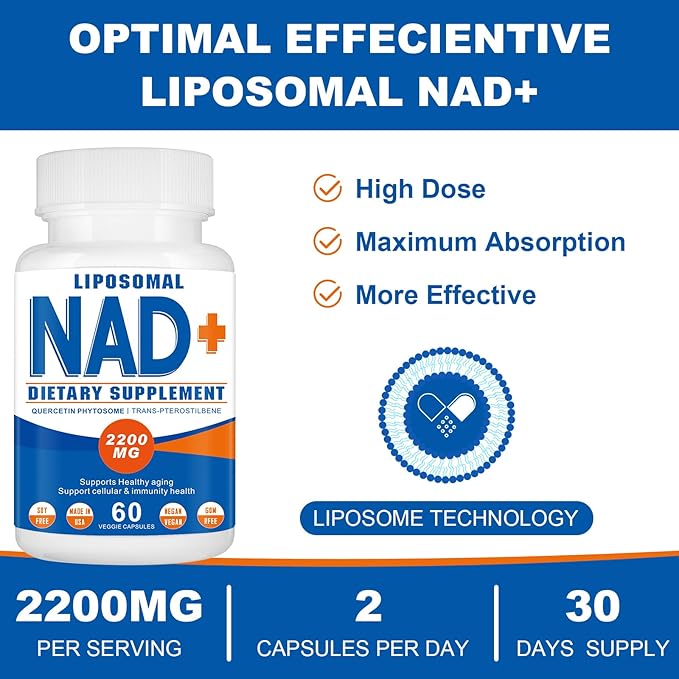 2200mg Liposomal NAD+ Supplement - NAD Supplement for Men and Women, Enhances Cell Energy & Aging Defese, 60 Capsules