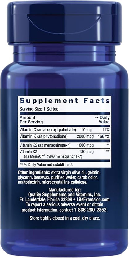 Life Extension Super K, vitamin K1, vitamin K2 mk-7, vitamin K2 mk-4, vitamin C, bone/heart/arterial health, 3-month supply, Gluten-Free, 1 Daily, Non-GMO, 90 softgels