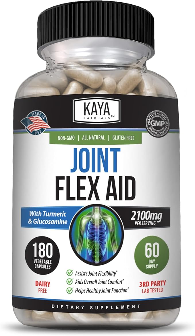 Kaya Naturals Flex Aid - Mobility Support Supplement for Men and Women - Turmeric Capsules with Glucosamine Sulfate, Boswellia Serrata and MSM - for Knee Support and Mobility Health - 180 Count
