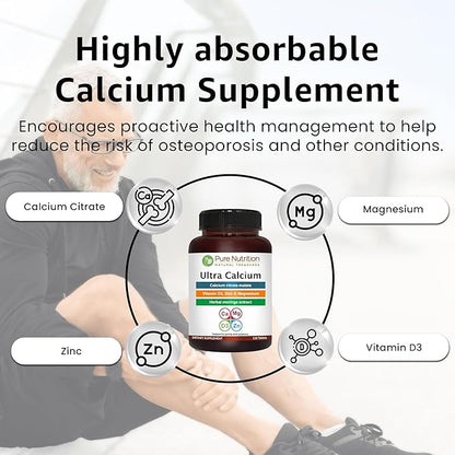 Pure Nutrition Ultra Calcium 1000mg with VIT D3 + K2 | 120 Tab | Highly absorbable Calcium Supplement with Calcium Citrate Malate, VIT D3, K2, Moringa Oleifera, Magnesium and Zinc.