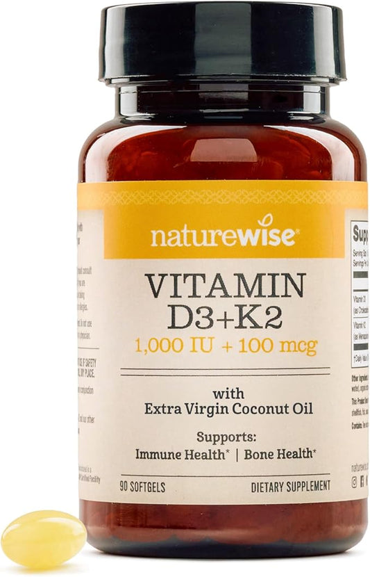 NatureWise Vitamin D3 1000IU + K2 (MK7) 100mcg with Organic Extra Virgin Coconut Oil - Supports Calcium Absorption, Bone & Immune Health - Non-GMO, Soy & Gluten-Free - 90 Softgels[3-Month Supply]