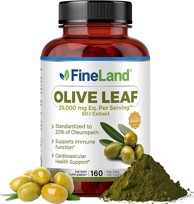 FineLand Olive Leaf Extract 50x, 25,000mg per Capsule | 20% Active Oleuropein | MAX Strength Antioxidants | Immune & Heart Support | 160 Vegan Capsules