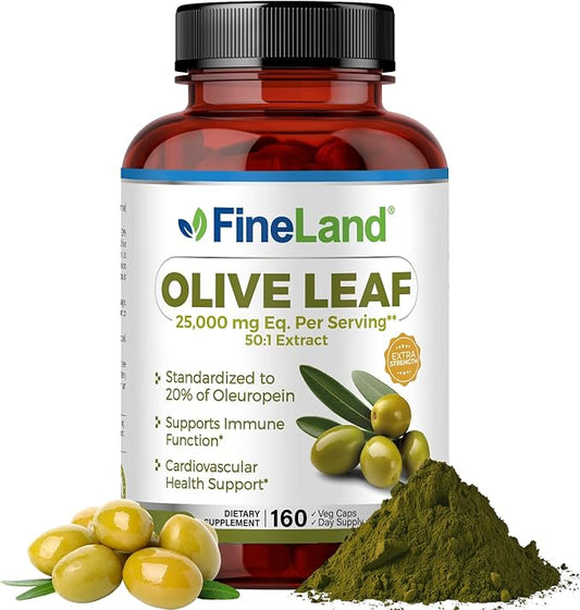 FineLand Olive Leaf Extract 50x, 25,000mg per Capsule | 20% Active Oleuropein | MAX Strength Antioxidants | Immune & Heart Support | 160 Vegan Capsules