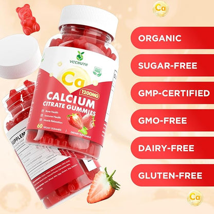Calcium Citrate Gummies 1200mg, Chewable Calcium Supplements for Women & Men, Sugar Free Calcium Gummies for Bone, Muscle & Immune Support, Strawberry Flavor 60 Count