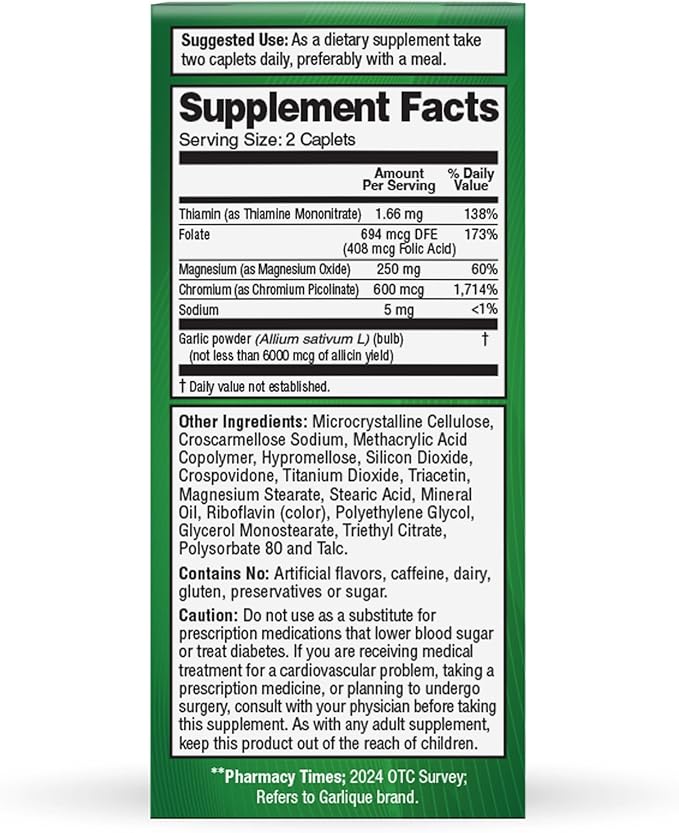 Garlique Garlic Extract Supplement, Healthy Blood Sugar Formula, 6000 mcg allicin, Odorless & Vegan, 60 Caplets