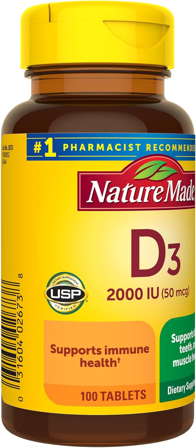 Nature Made Vitamin D3 2000 IU (50 mcg), Dietary Supplement for Bone, Teeth, Muscle and Immune Health Support, 100 Tablets, 100 Day Supply (Pack of 2)