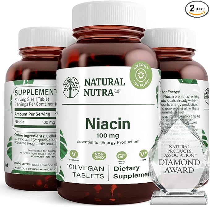 Natural Nutra Niacin Supplement for Energy, Help Maintain Body Fats, Improve Digestion, Promotes Skin Health, Boost Energy and Brain Function, Non-GMO, Gluten-Free, 100 mg, 100 Tablets (Pack of 2)