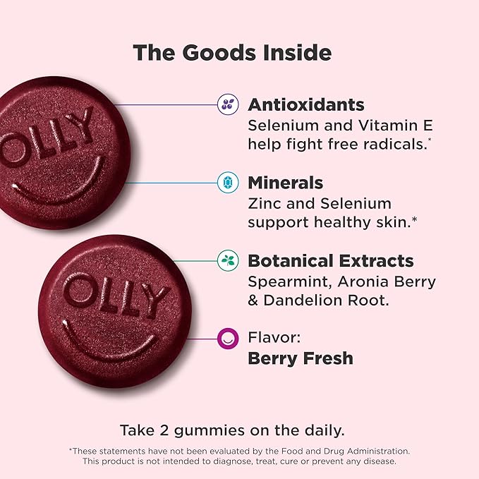 OLLY Flawless Complexion Gummy, Clear and Healthy Skin Support, Vitamins E, A, Zinc, Chewable Supplement, Berry - 50 Count (Pack of 1)