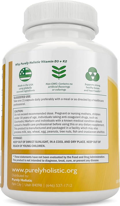 Purely Holistic Vitamin D3 125mcg and Vitamin K2 90mcg MK7-4 Month Supply 150 Vegetarian Capsules - Vitamin D3 & K2 Menaqunione - High Strength Cholecalciferol Made in The USA