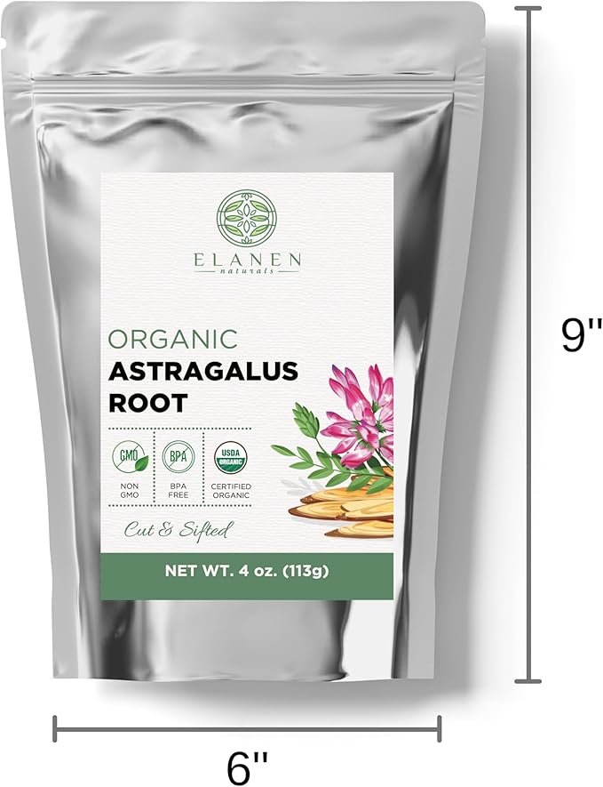 Organic Astragalus Root 4 oz. (113g), USDA Certified Organic Astragalus Membranaceus Dried Root Tea, Huang Qi, Cut & Sifted