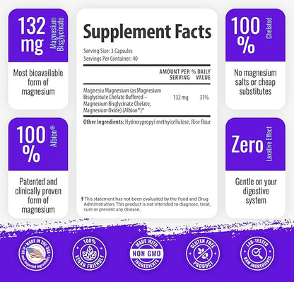 1 Body Magnesium Bisglycinate Supplement, 44 mg Pure Chelated Formula, 120 Capsules, Maximum Absorption, Muscle Cramp Relief