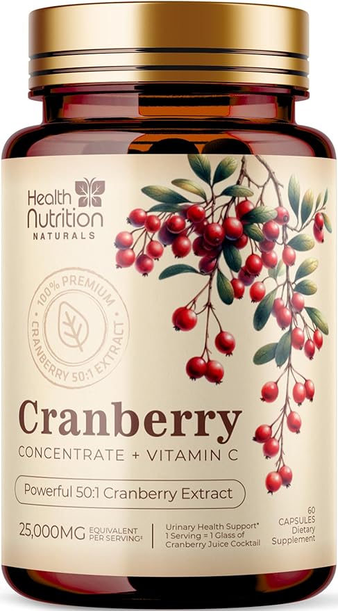 Cranberry Supplement Pills + Vitamin C - Made with 25,000mg Cranberry Concentrate Whole Fruit Extract to Help Cleanse & Support Urinary Tract Health, Sugar Free for Women & Men, Non-GMO, 60 Capsules