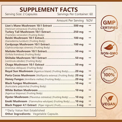 NATURE TARGET Mushroom Supplement, Mushroom Complex with Lion's Mane, Turkey Tail, Reishi, Cordyceps, Shiitake, 14-in-1 Mushrooms for Memory and Focus, 120 Capsules