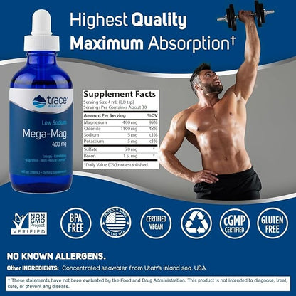 Trace Minerals Mega-Mag - Liquid Energy Support Supplement with Magnesium & Chloride - Healthy Bone & Muscle Function Support Formula - Supplement to Support Nerve Health - 4 fl oz (30 Servings)