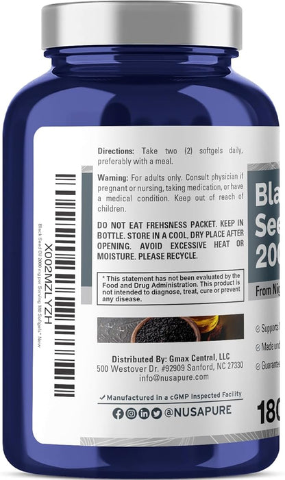 NusaPure Black Seed Oil 2000mg per Serving - 180 Softgel Caps (Non-GMO, Gluten-Free) Cold-Pressed Nigella Sativa