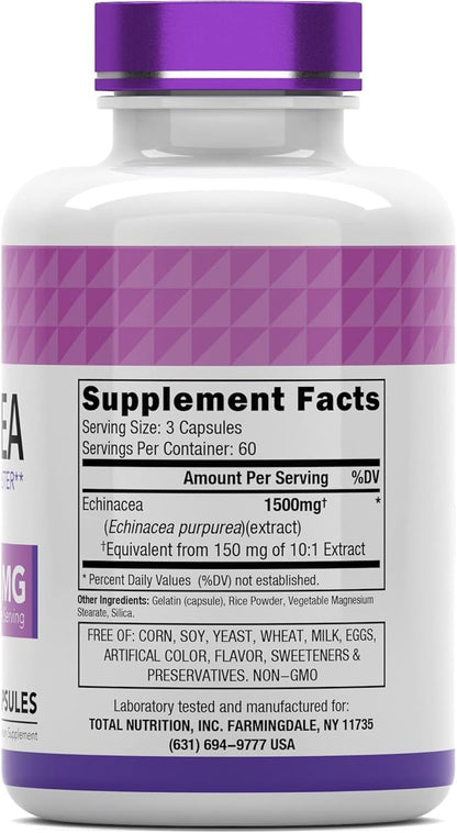 Echinacea Capsules (1500 MG - 180 Capsules) | Supports Health & Well-Being | Echinacea Root Herbal Extract Supplement | Produced in The USA