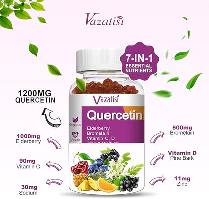 Quercetin Gummies, Quercetin with Vitamin C Zinc, Bromelain, Elderberry and Vitamin D, Immune Support Adults Kids, Women Men 120 Gummies Chewable