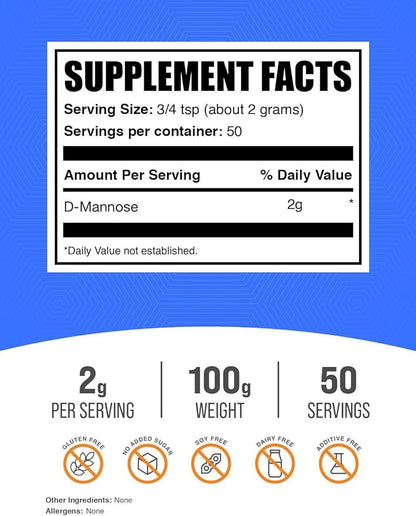 BulkSupplements.com D-Mannose Powder - D-Mannose Supplement, for Urinary Tract Health - Unflavored & Gluten Free, 2g per Serving, 100g (3.5 oz) (Pack of 1)