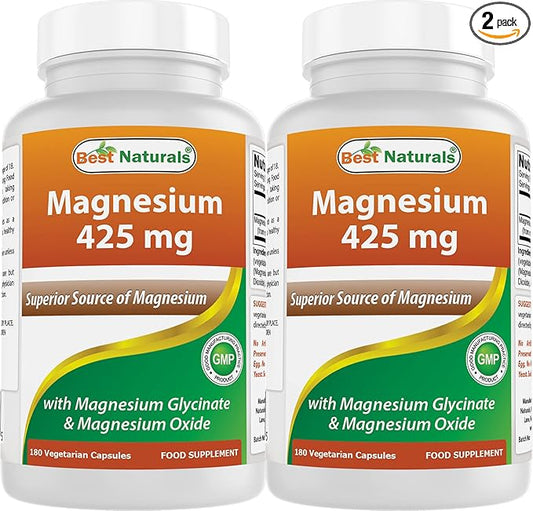 Best Naturals Magnesium 425 mg 180 Veggie Capsules - High Absorption Magnesium Glycinate & Magnesium Oxide Chelated, Non-GMO, Gluten Free Muscle Relax (180 Count (Pack of 2))