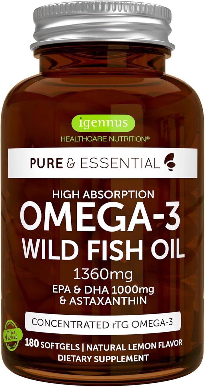 Igennus Ultra Pure Omega 3 Triglyceride rTG Wild Fish Oil 1360mg, IFOS Certified, for Women & Men, Fatty Acids EPA & DHA 1000mg & Astaxanthin, Non-GMO, 180 Softgels