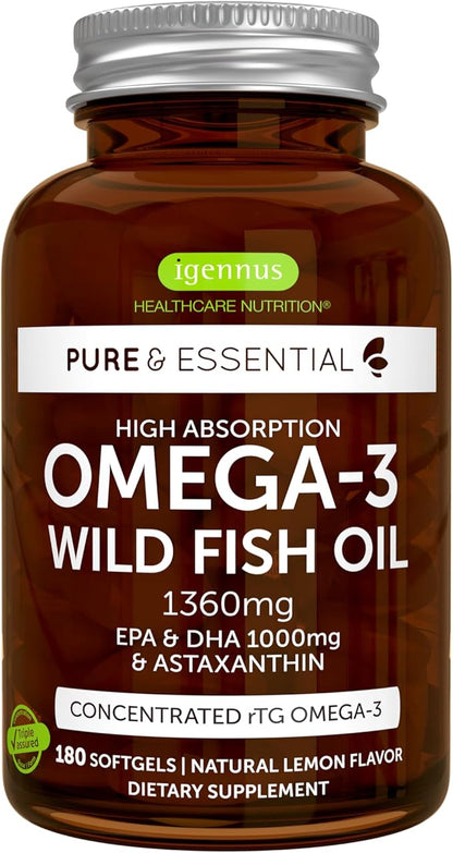Igennus Ultra Pure Omega 3 Triglyceride rTG Wild Fish Oil 1360mg, IFOS Certified, for Women & Men, Fatty Acids EPA & DHA 1000mg & Astaxanthin, Non-GMO, 180 Softgels