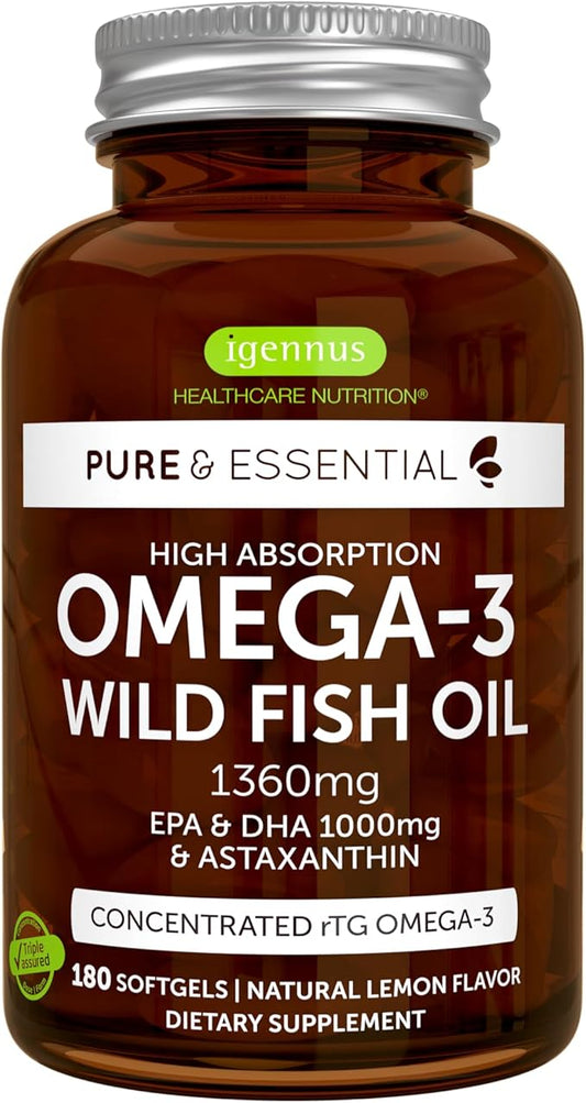 Igennus Ultra Pure Omega 3 Triglyceride rTG Wild Fish Oil 1360mg, IFOS Certified, for Women & Men, Fatty Acids EPA & DHA 1000mg & Astaxanthin, Non-GMO, 180 Softgels