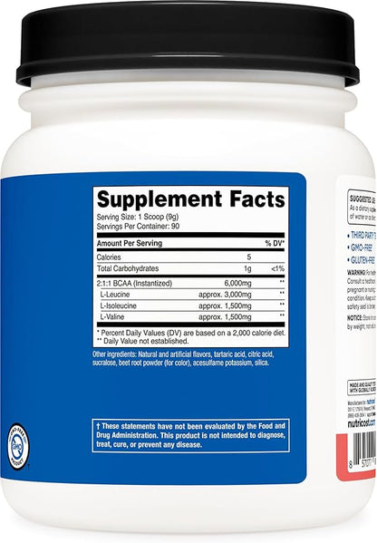Nutricost BCAA Powder (Watermelon, 90 Serv) - Optimal 2:1:1 Ratio