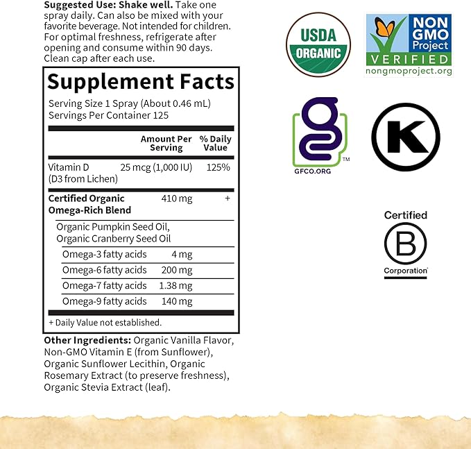 Garden of Life Organics Vegan Vitamin D3 for Women and Men, Liquid 1000 IU Per Spray, D3 Plus Omegas - Vanilla Flavor - 125 Servings - 2fl oz Liquid Whole Food D3 Vitamin Supplement