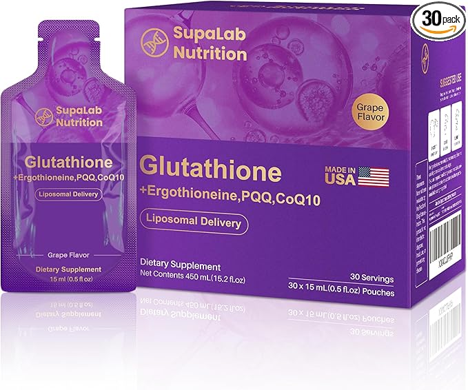 Liposomal Glutathione Supplement – 500mg Glutathione with PQQ, CoQ10 & Vitamin C – High Absorption Antioxidant for Immune & Energy Support – Grape Flavor, 30 Packets