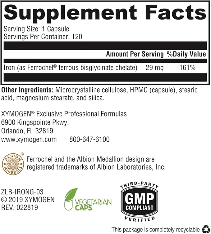 XYMOGEN Iron Glycinate Supplement – Patented Iron BisGlycinate Vitamin - Designed for High Absorption – Supports Hemoglobin & Ferritin Levels – Gentle on Digestion (120 Capsules)