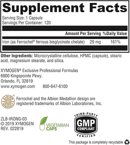 XYMOGEN Iron Glycinate Supplement – Patented Iron BisGlycinate Vitamin - Designed for High Absorption – Supports Hemoglobin & Ferritin Levels – Gentle on Digestion (120 Capsules)